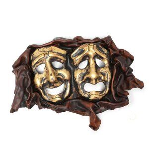Vintage Leather Comedy Tragedy Masks Wall Decor Theater Brown Gold Brazil